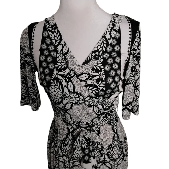 Women's Black White Floral Tie Wrap Stretch Maxi Dress L - Picture 4 of 6